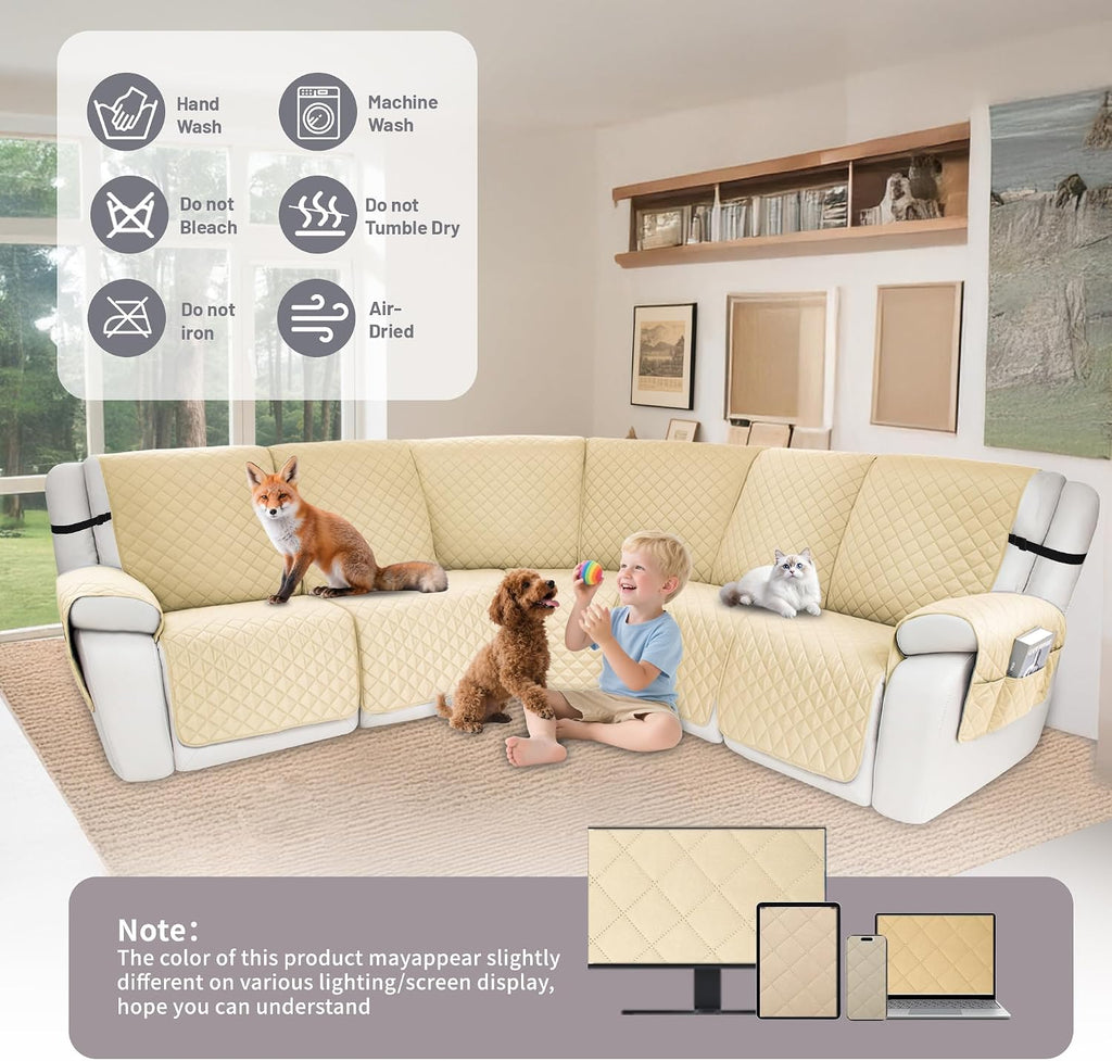 Waterproof Sectional Reclining Couch Covers L Shaped Recliner Sectional Sofa Cover 7 Piece Non Slip Washable Corner Recliner Slipcover Set for Pet Dog (5 Seater Cover, Beige)