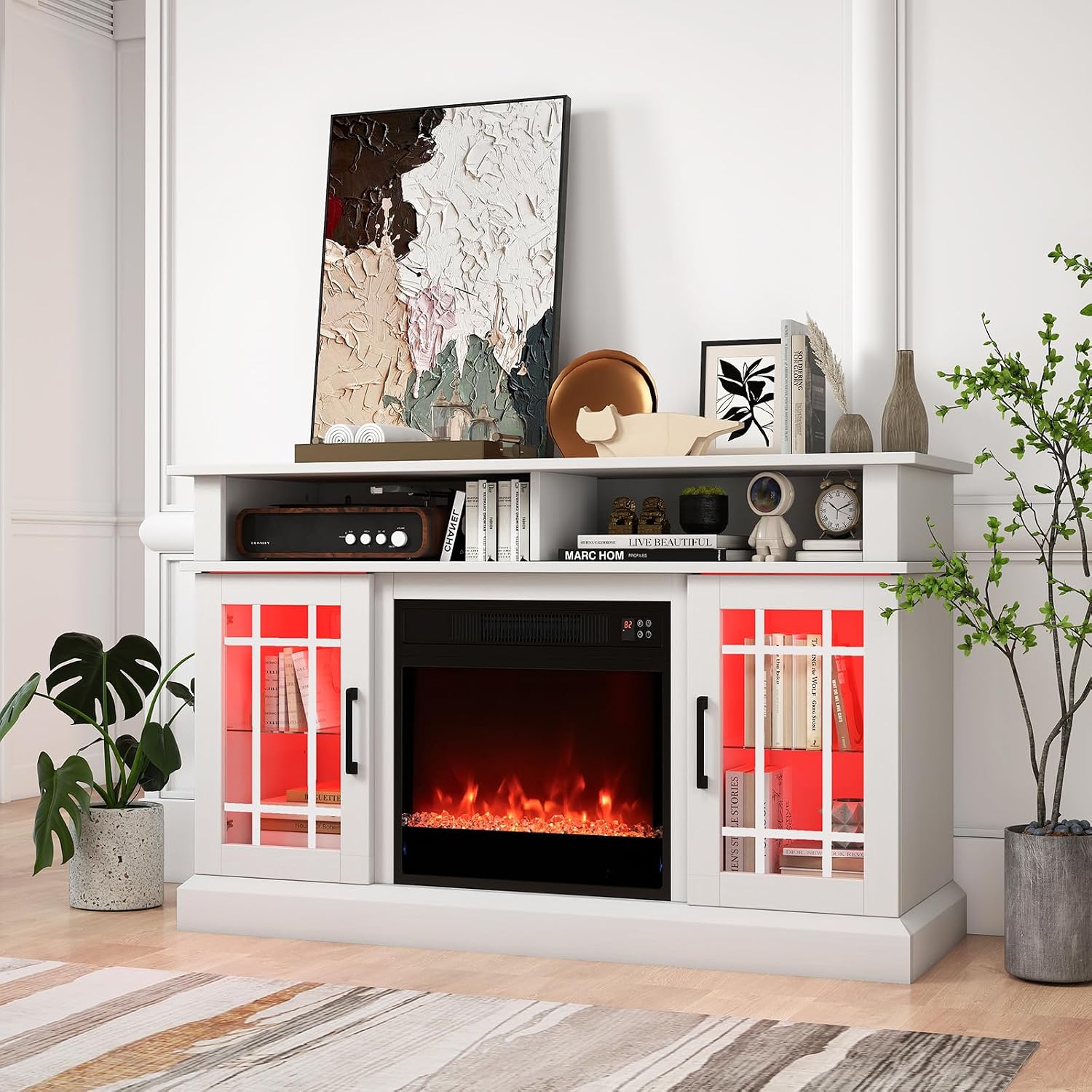 COSTWAY Electric Fireplace TV Stand for TVs Up to 55 Inches with LED Lights, 1400W Fireplace Insert with Remote, 48-Inch Wooden Media Entertainment Center with Adjustable Shelves, White