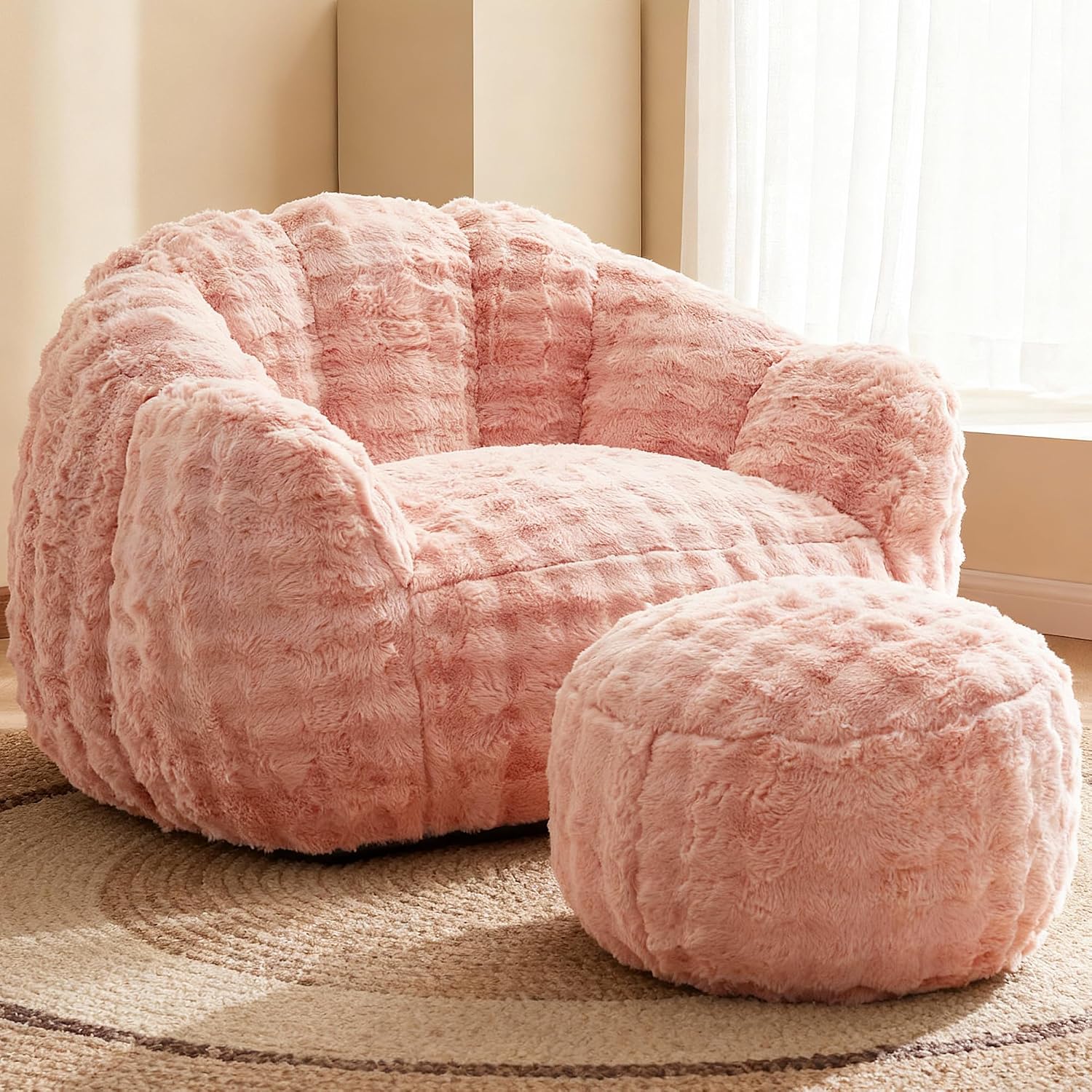 KINGYES Giant Bean Bag Chair with Ottoman, 3 in 1 Bean Bag Couch with Memory Foam Filler,Gaming Chair for Adults, Bean Bag for Kids & Teen, Pink