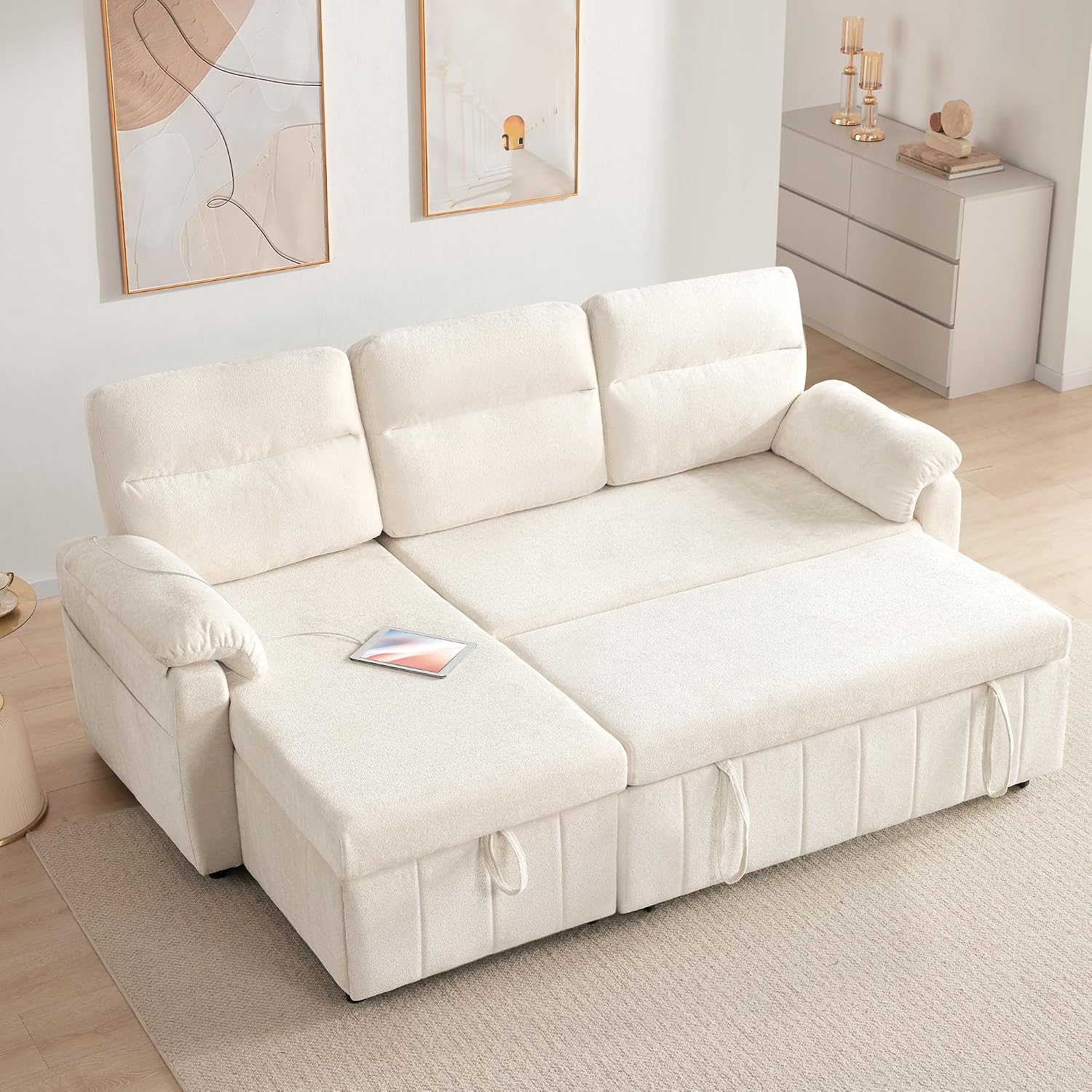 Tbfit 84'' Sleeper Sofa Bed, 3 in 1 Cloud Pull Out Sofa Couch with USB & Storage Chaise, Convertible Sofa Bed with Pull Out Bed, Couches for Living Room, Apartment, Office, White Sherpa