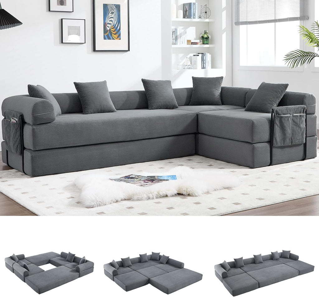 Oversized Modular Cloud Couch for Living Room, Corduroy L-Shaped Sectional Sleeper Sofa Bed with Fixed-Shape Frame, Modern Boneless Couch with Pillows & Storage，Grey