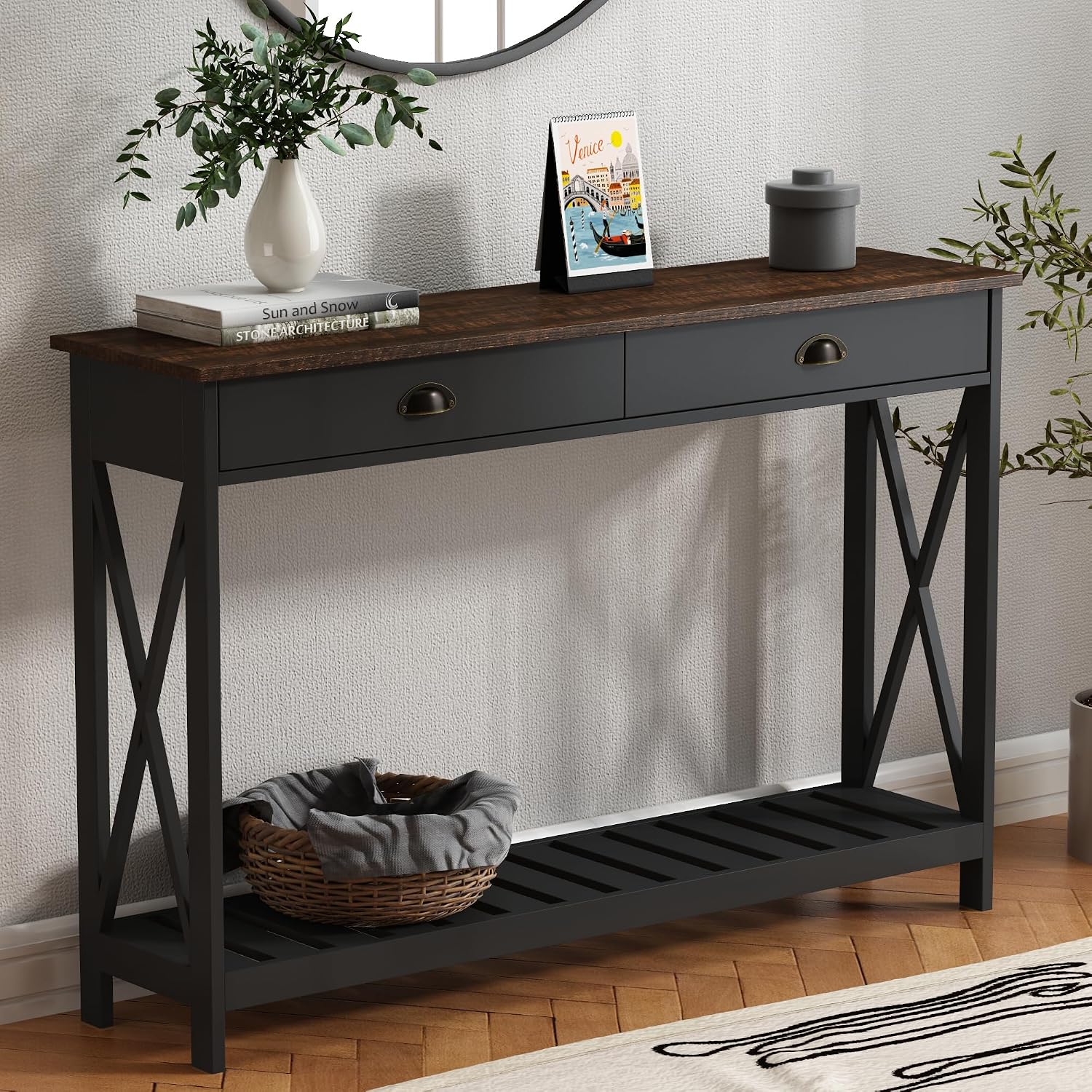 ChooChoo 47' Farmhouse Console Table with Drawer for Entryway, Narrow Long Entry Table with Shelf for Living Room, Rustic Vintage Hallway Sofa Table with Stable X Supports, Black