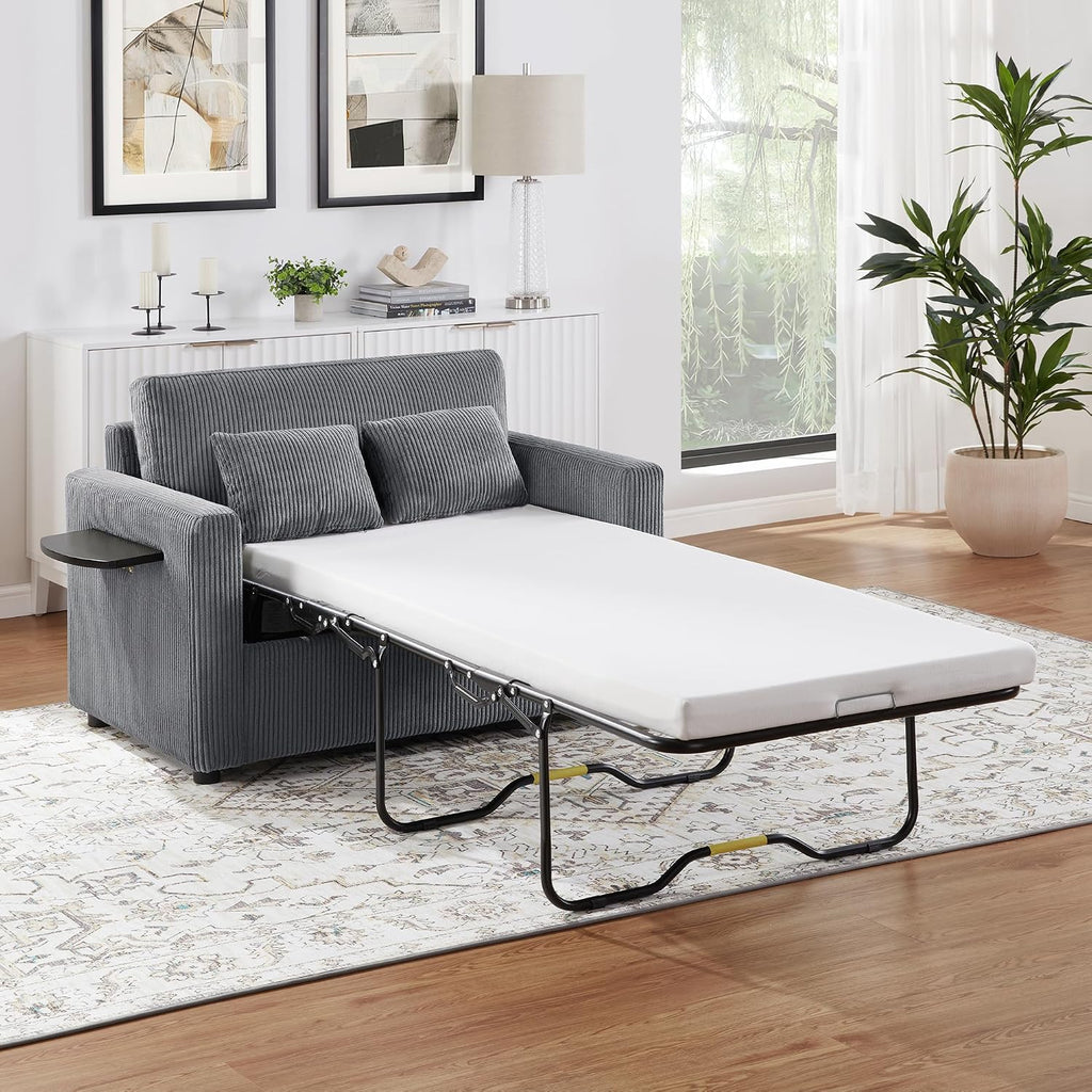 Twin Size Sofa Bed 47.2' Sleeper Sofa Loveseat Sofa with a Foldable Mattress, a Foldable Side Table, a Side Storage Pocket and Two USB Ports for Living Room, Gray