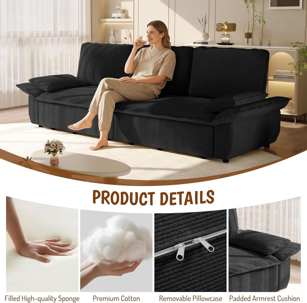 94.5'' King Size Sleeper Sofa Bed, 3-in-1 Corduroy 3-Seater Sofabed, Pull-Out Couch, Upholstered Cloud Pullout Futon, Space Saving for Living Room, Black