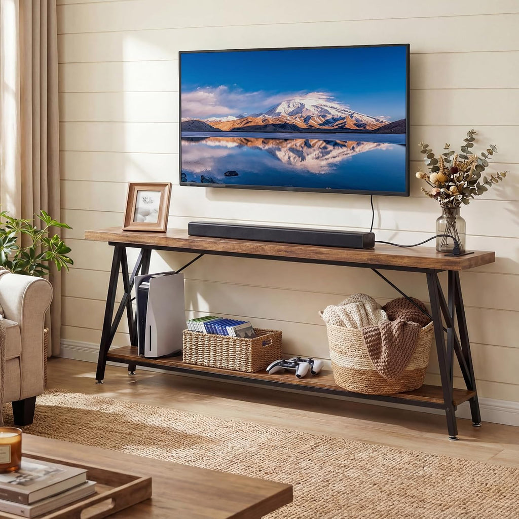 Homieasy 70.9 Inch Extra Long Console Table, Industrial Sofa Table Behind Couch with Charging Station & Storage Shelf, Entryway Table for Living Room & Entryway, Rustic Brown