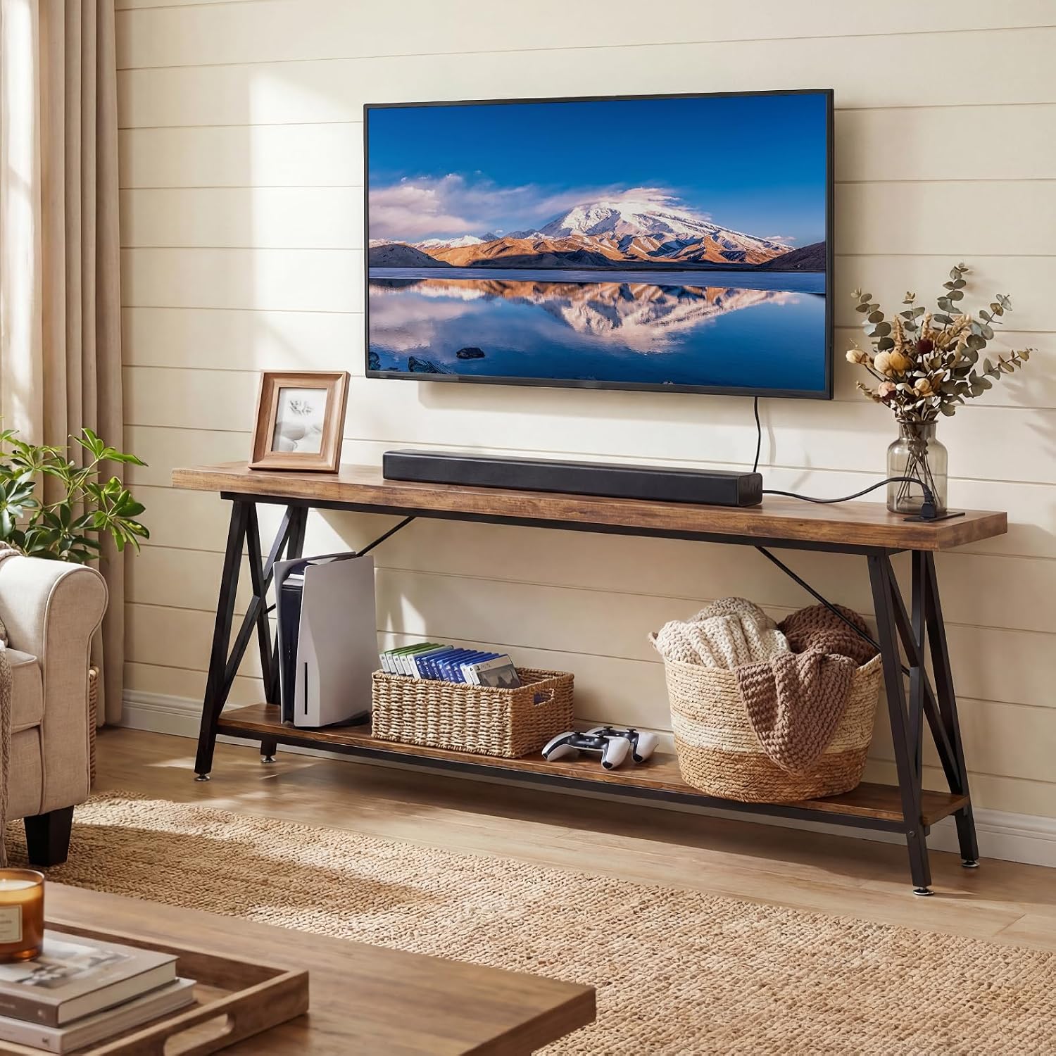 Homieasy 70.9 Inch Extra Long Console Table, Industrial Sofa Table Behind Couch with Charging Station & Storage Shelf, Entryway Table for Living Room & Entryway, Rustic Brown