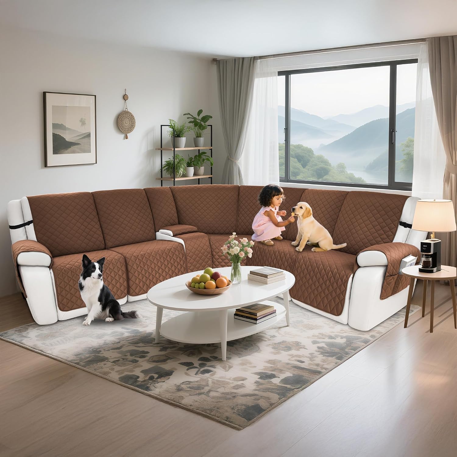 Waterproof Sectional Reclining Couch Covers L Shaped Recliner Sectional Sofa Cover 8 Piece Non Slip Washable Corner Recliner Slipcover Set for Pet Dog (5 Seater 1 Console Cover, Coffee)