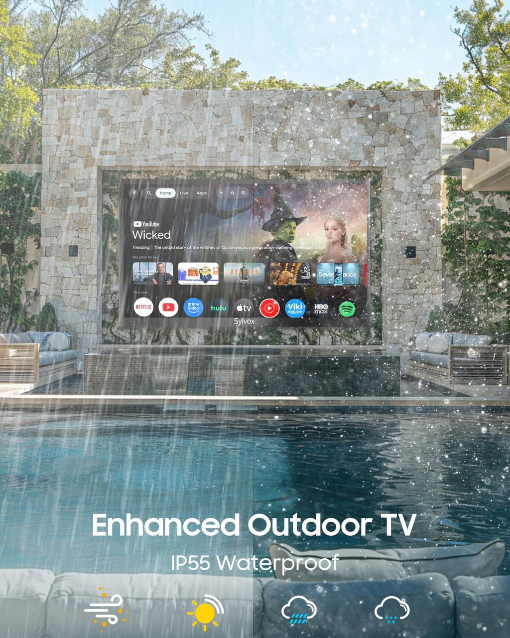 SYLVOX Outdoor TV, 55-Inch Waterproof Smart TV, 2000 nits Full Sun TV, 4K, Dolby Atmos, HDR10, Weatherproof Television with Voice Assistant Remote (Pool Pro 2.0, Latest Model)