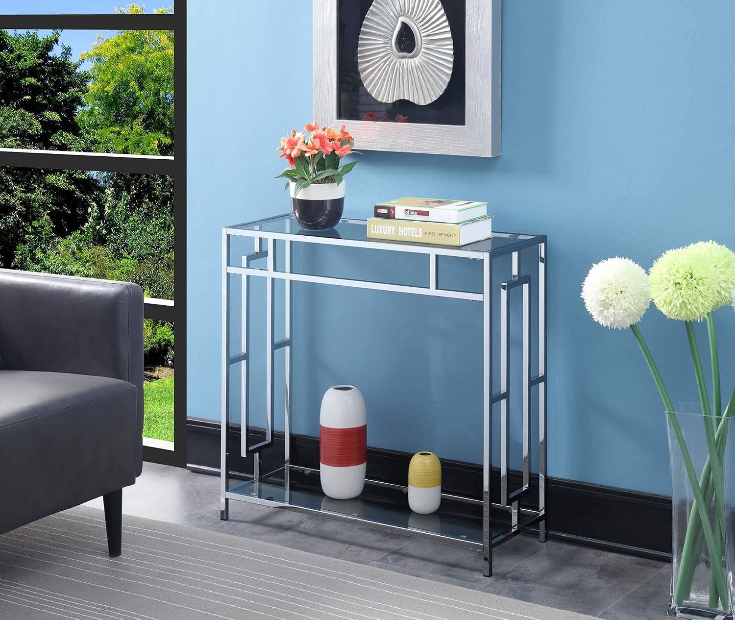 Convenience Concepts Town Square Chrome Glass Hall Table 31.5' - Modern Sofa Table with Storage Shelf, Entryway Table for Living Room, Bedroom, Bathroom, Glass/Chrome