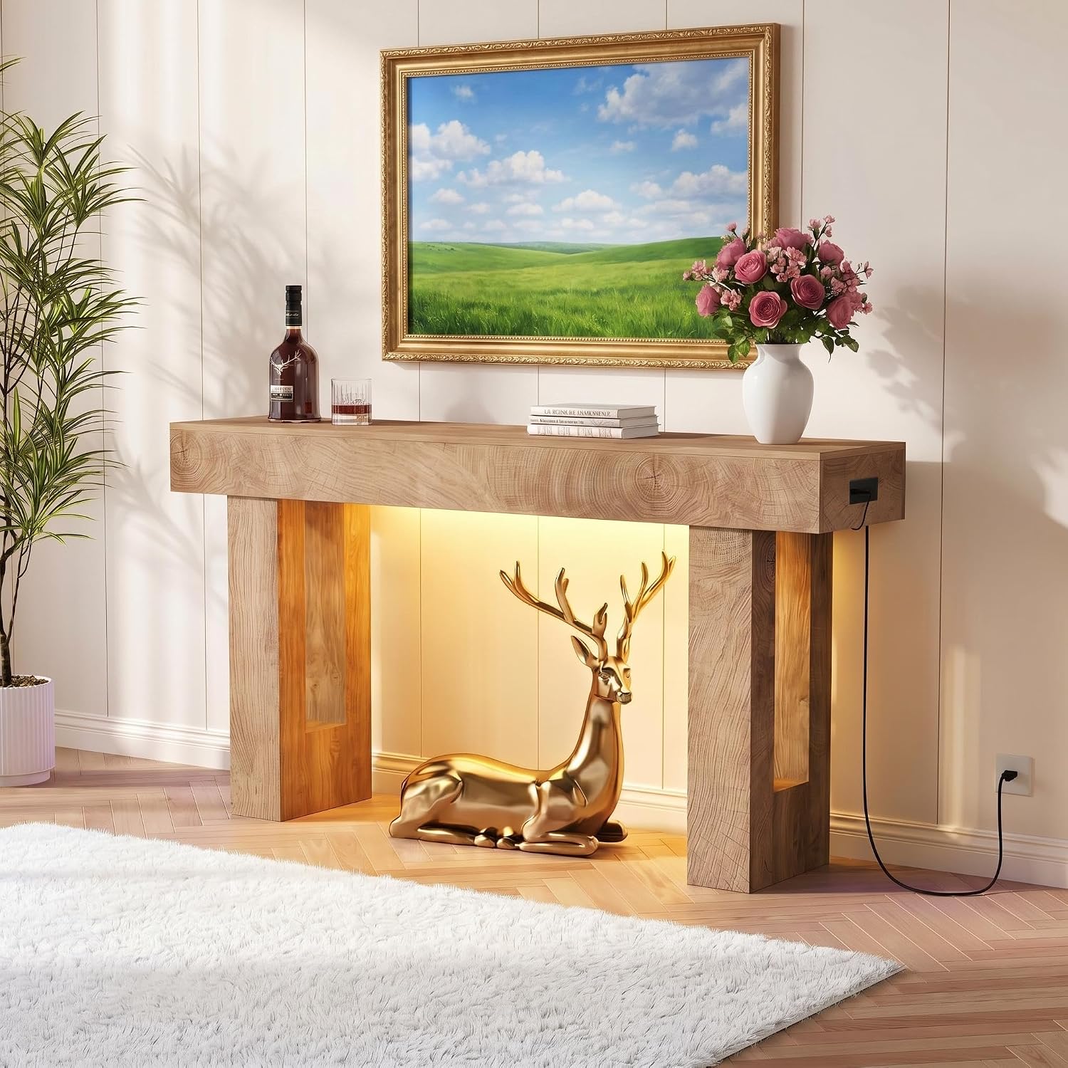 63' Long Console Table with Power Outlet LED Lights, Modern Entryway Table with Human Sensor Light, Large Industrial Hallway Accent Furniture for Living Room, Entryway, Hallway
