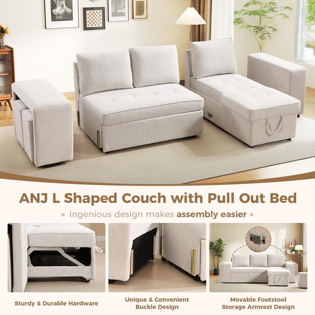 ANJ Chenille Sleeper Sofa Couch with Pullout Bed, 4 in 1 L Shaped Modular Sectional Sofa with Storage Ottoman for Living Room(Beige)