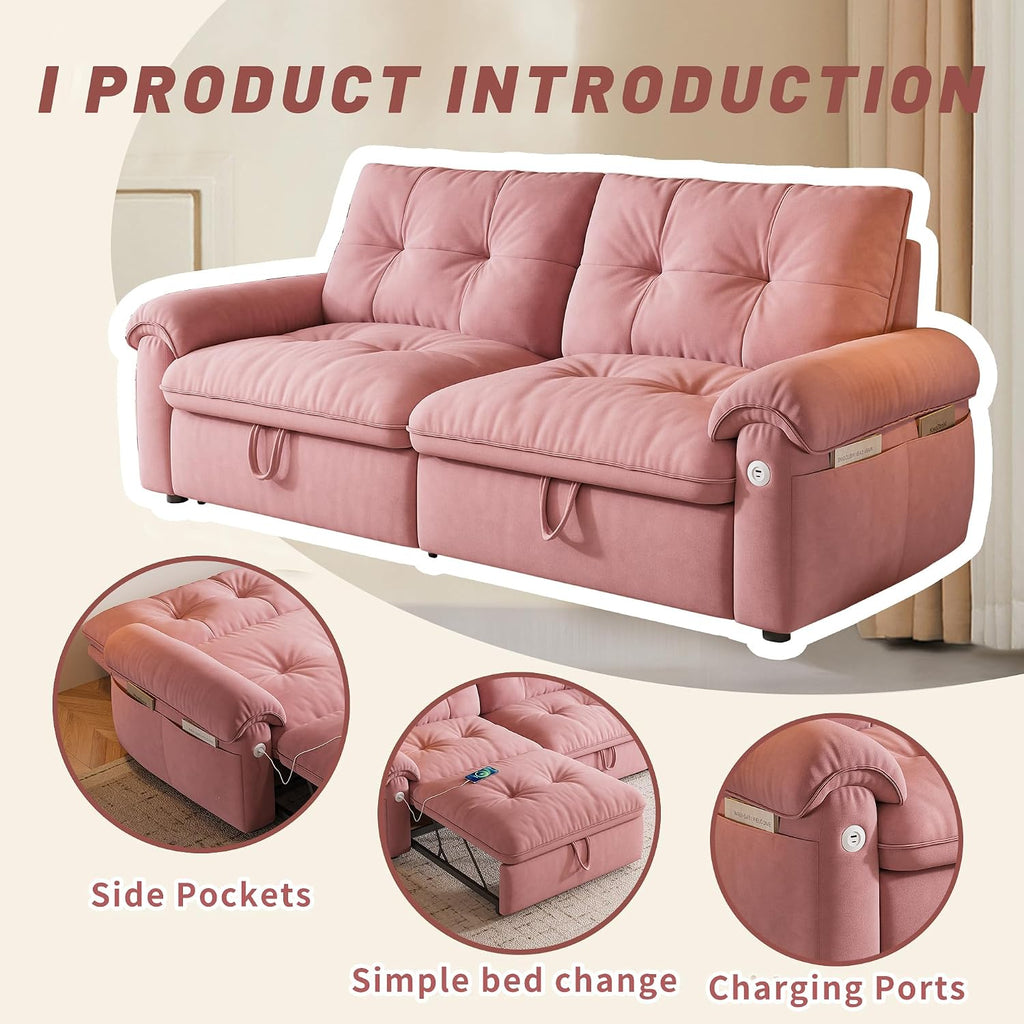 77' Queen Size Sofa Bed, Loveseat Sleeper Sofa with Pull Out Bed, Pockets and USB, Modern 2 Seater Convertible Small Couch for Living Room Bedroom Apartment, Pink