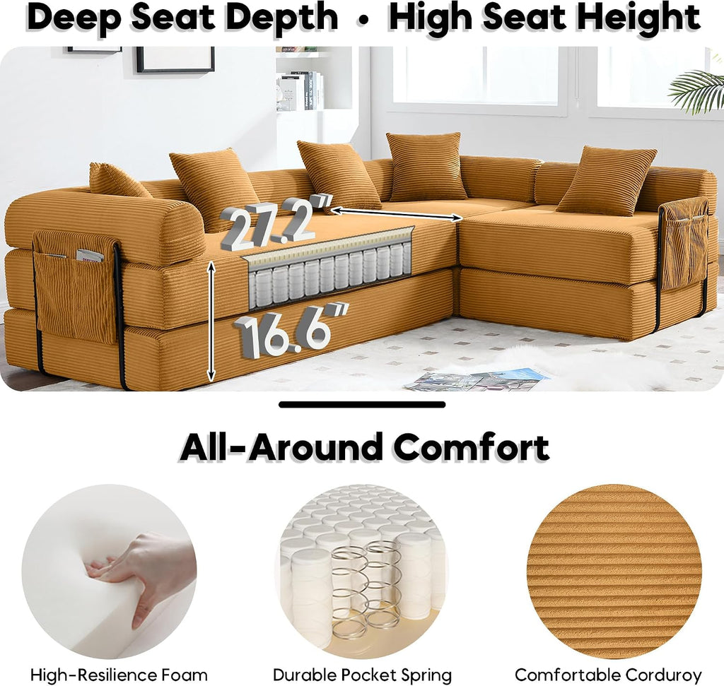 Oversized Modular Cloud Couch for Living Room, Corduroy L-Shaped Sectional Sleeper Sofa Bed with Fixed-Shape Frame, Modern Boneless Couch with Pillows & Storage, Yellow