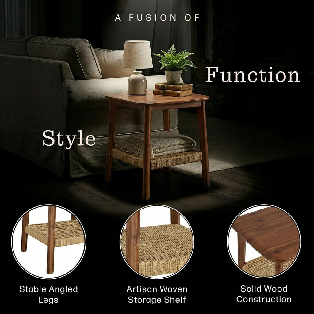 Alaterre Furniture Calais 2-Tier Solid Wood End Table with Woven Storage Shelf – Mid Century Modern Nightstand or Side Table for Living Room, or Bedroom (Chestnut)