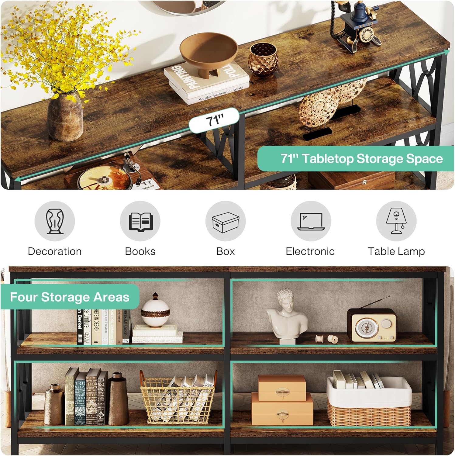 LITTLE TREE Console Table with Storage Shelves, 70.9' Industrial 3-Tier Sofa Table for Living Room, Long Foyer Table Entryway Table for Hallway, Front Door, Entrance, Rustic Brown & Black