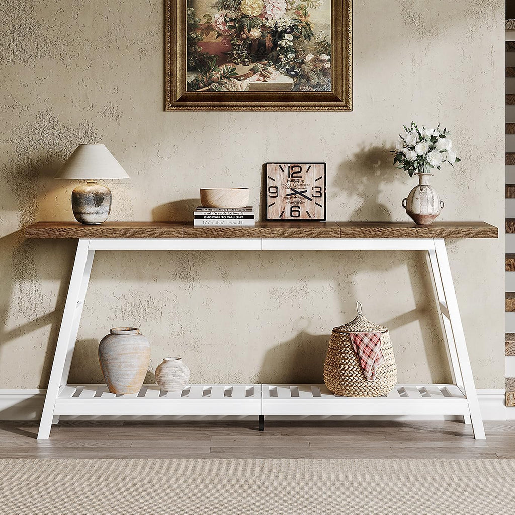 ChooChoo 70.9 Inch Long Console Tables for Entryway, Wood 2-Tier Entry Hallway Table, Narrow Sofa Table Behind Couch Table for Living Room, Entrance, White & Brown