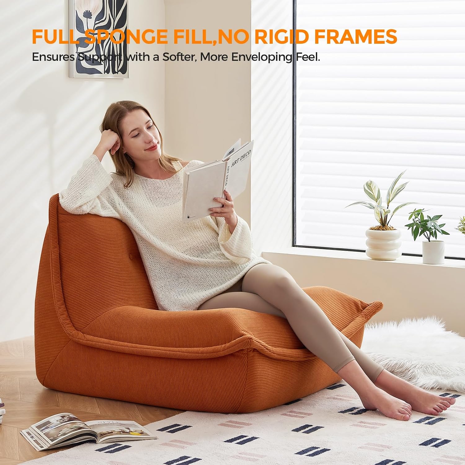 Bean Bag Chairs for Adults Giant BeanBag Chair Sofa Memory Foam Bean Bag Chair Couch with Ergonomic Design for Adults and Kids Home Living Room Bedroom Office Home Gaming Salon(Caramel Color)