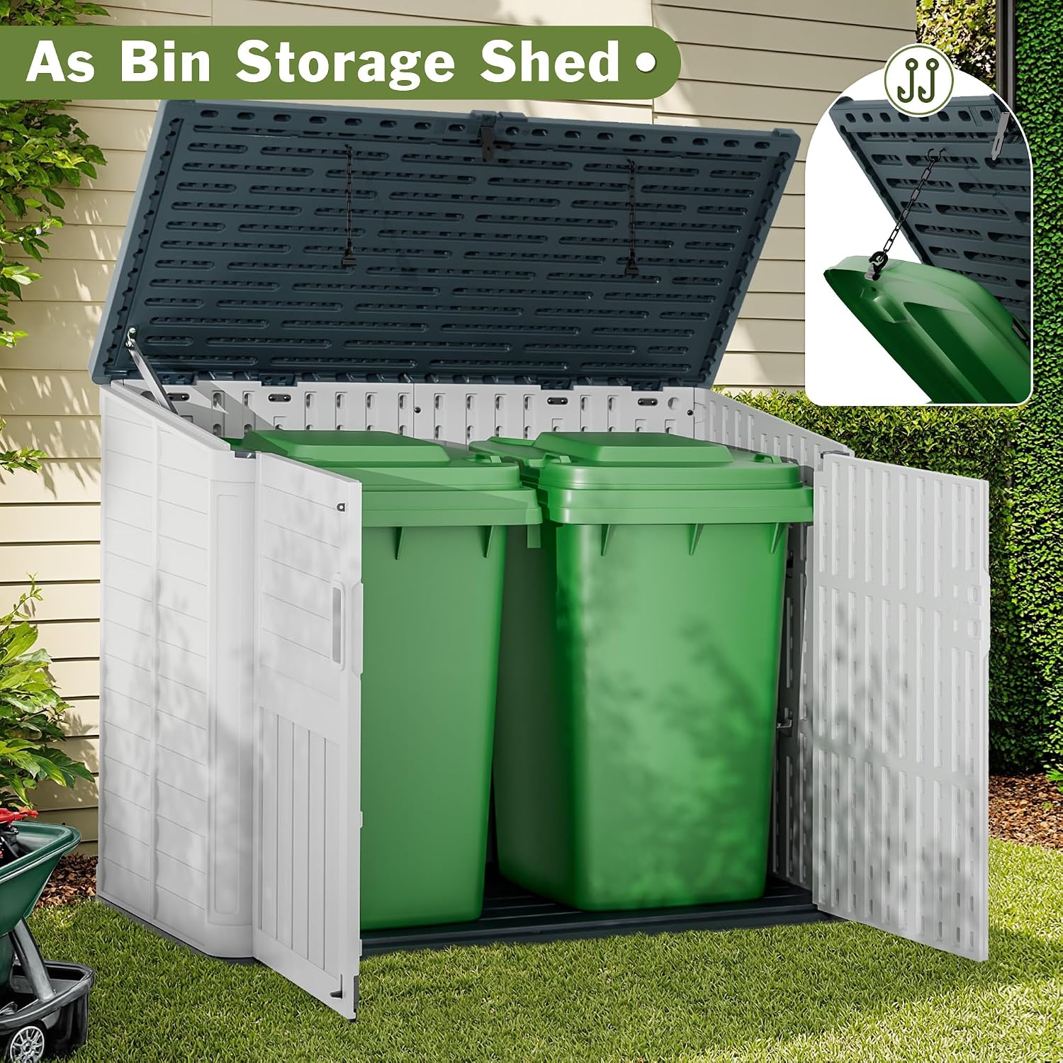 JUMMICO Resin Outdoor Storage Shed, 34 Cu Ft Horizontal Storage Cabinet for Trash Cans, Garden Tools, Pool Supplies (Beige)