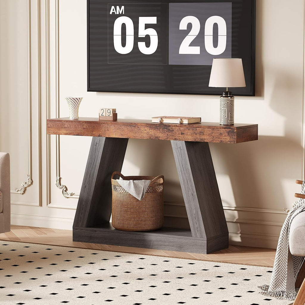 55 Inches Console Table, Sofa Table Behind Couch, 2-Tier Wooden Entry Tables for Entryway Foyer Hallway, Industrial Console Tables with Open Storage Shelf for Living Room