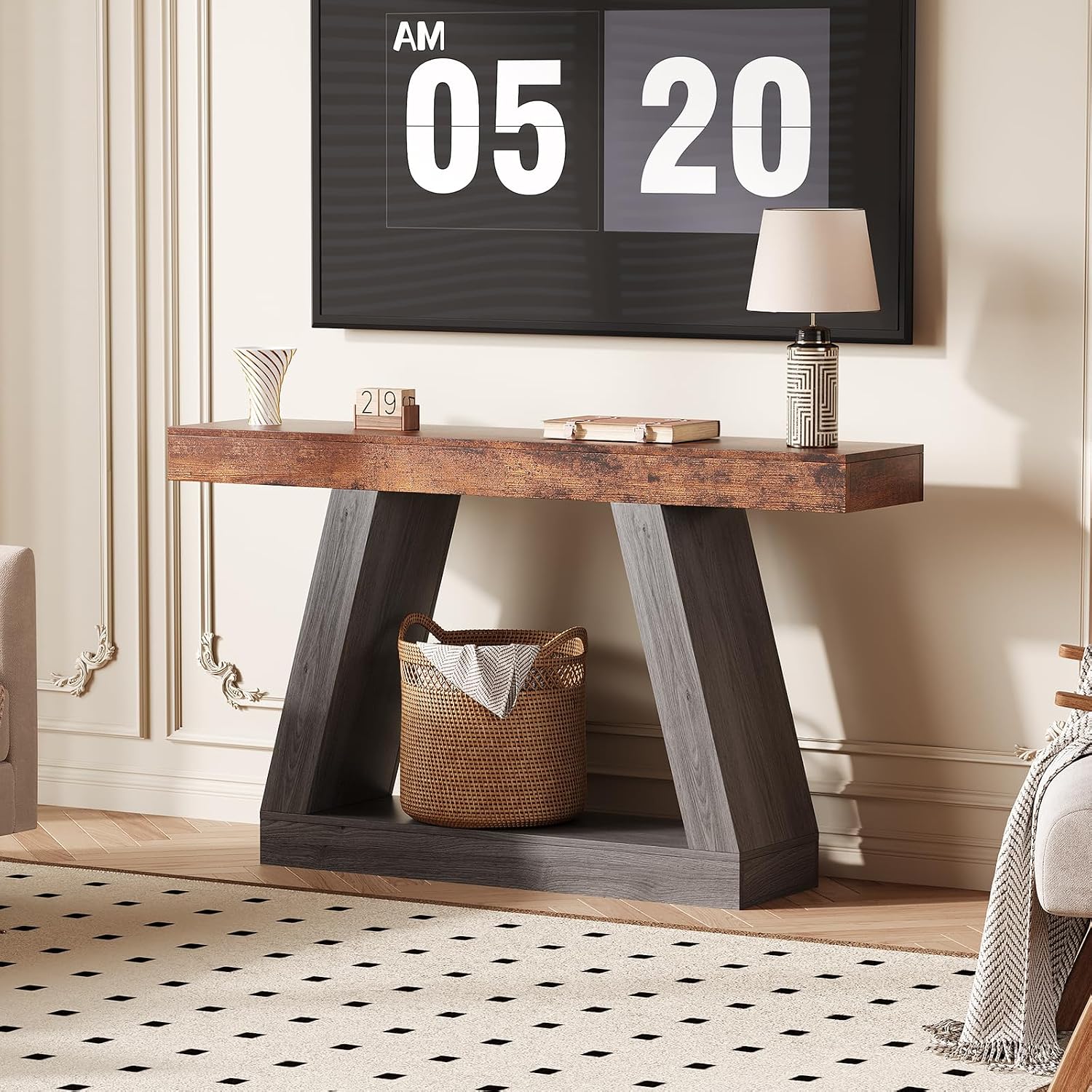 55 Inches Console Table, Sofa Table Behind Couch, 2-Tier Wooden Entry Tables for Entryway Foyer Hallway, Industrial Console Tables with Open Storage Shelf for Living Room