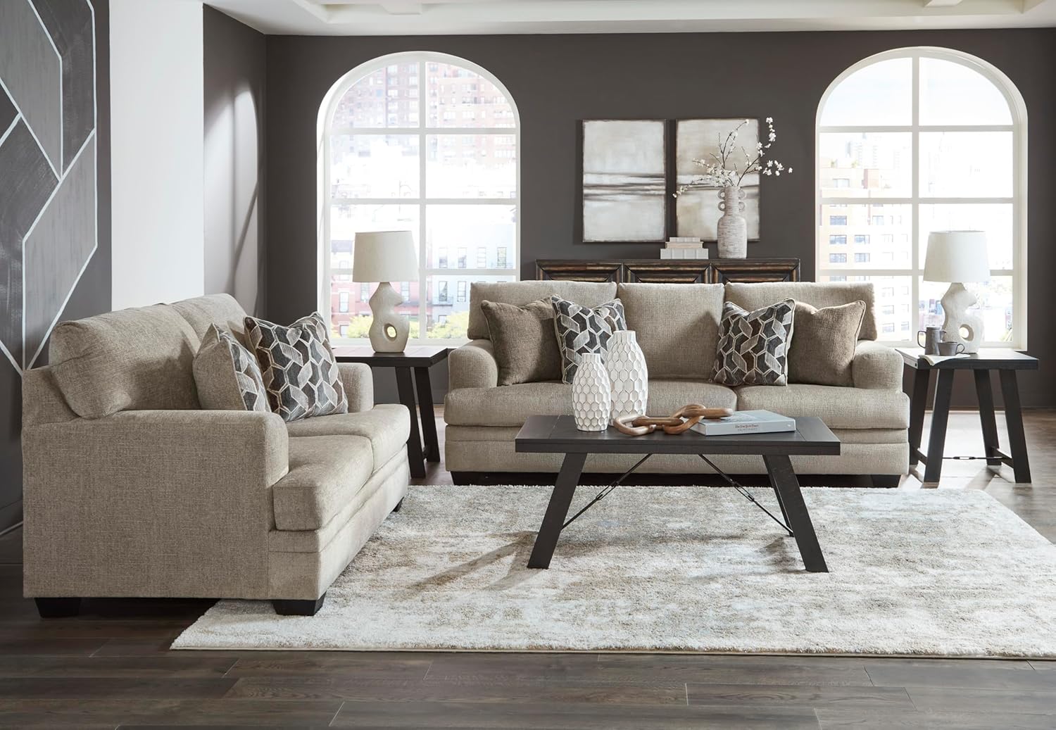 Signature Design by Ashley Stonemeade Casual Sofa with 4 Toss Pillows, Light Brown