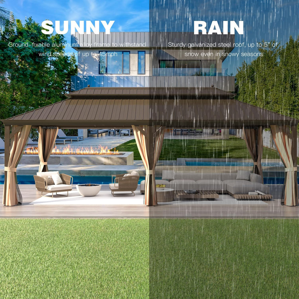 YOLENY 12'x24' Gazebo, Hardtop Gazebo with Galvanized Steel Double Roof, Pergolas Aluminum Frame, Netting and Curtains Included, Metal Outdoor Gazebos for Garden, Lawns