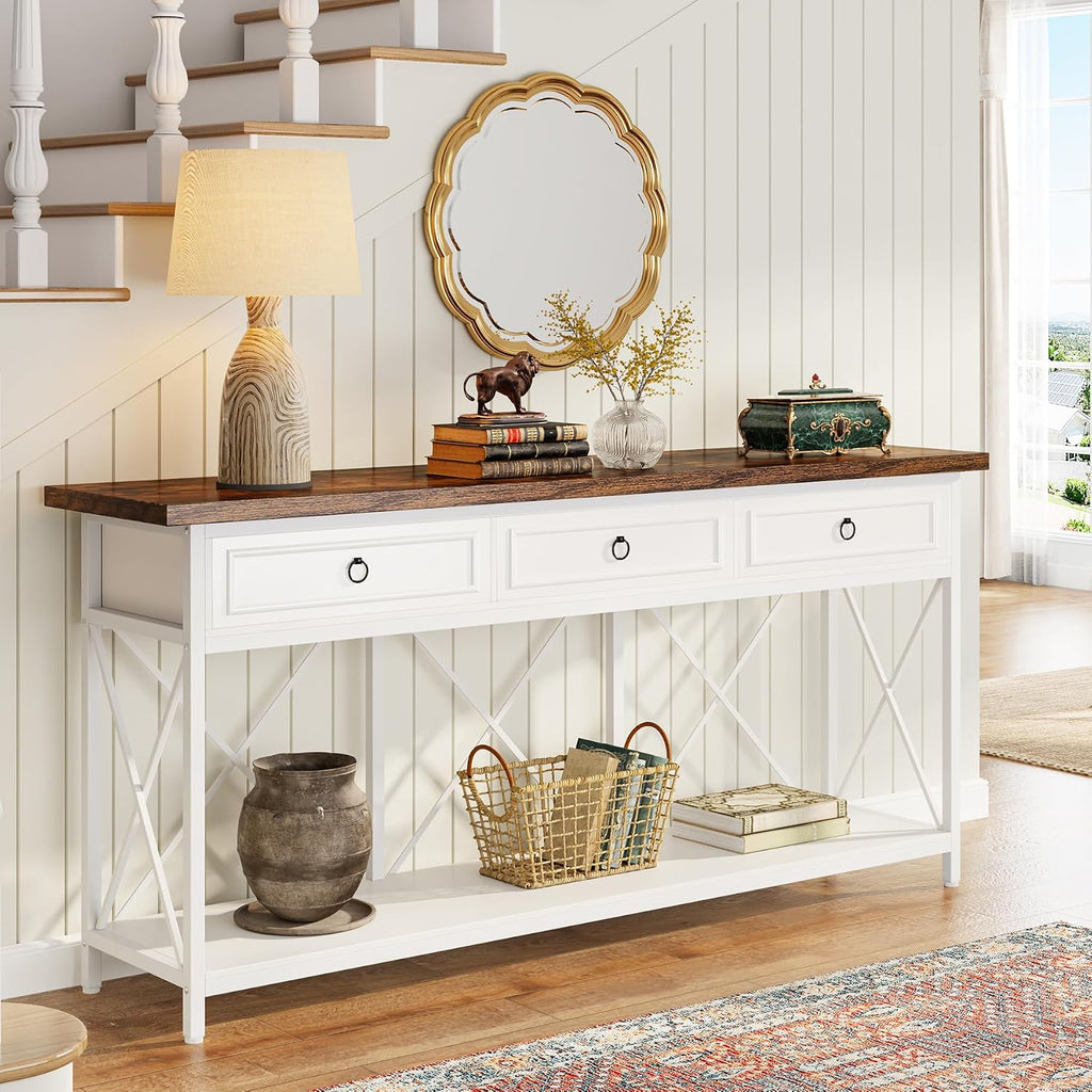 Tribesigns 70.8' Console Table with 3 Drawers, Farmhouse Entryway Table with Storage Shelf, Narrow Long Sofa Foyer Table for Entryway, Hallway (White/Brown)