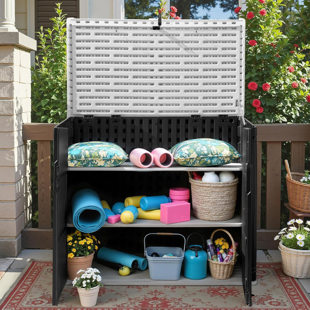 Greesum Outdoor Trash Can Storage Shed, 34 Cu.ft Waterproof Horizontal Storage Shed, Portable Horizontal Resin Storage Shed for Garden, Backyard, Patio, Dark Black