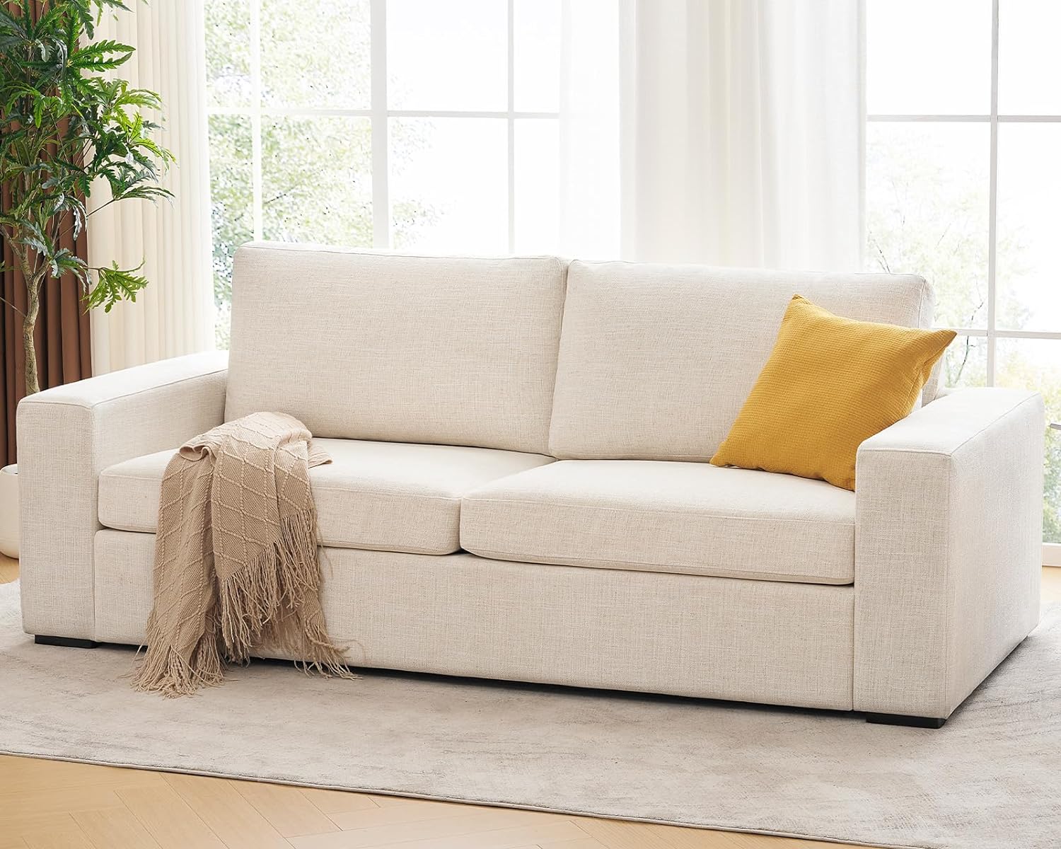 ELUCHANG 85' Modern Sofa Couches for Living Room, 3 Seater Sofa, Natural Linen Deep Seat Sofa with Upholstered Cushion&Detachable Cover, Comfy Sofa Couch for Small Space, Apartment, Beige