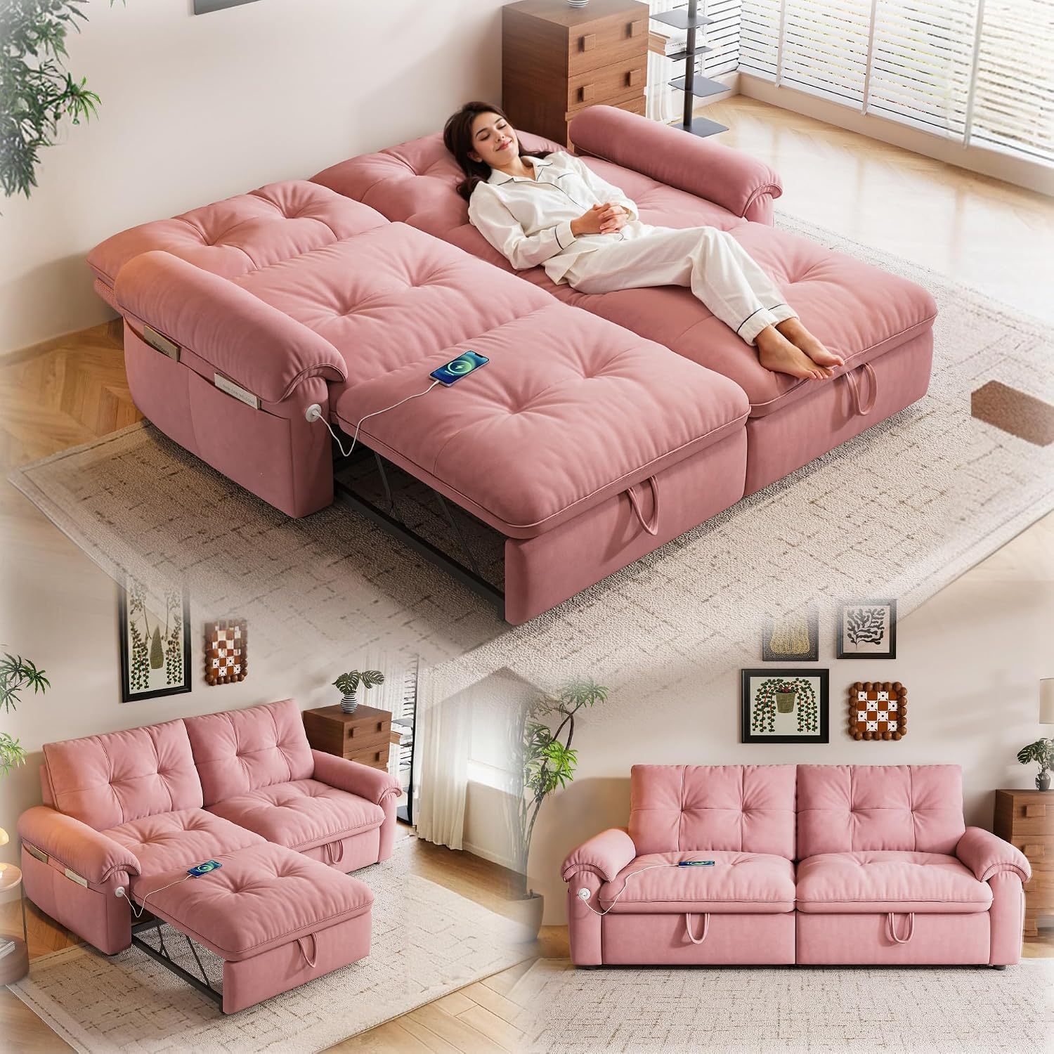 77' Queen Size Sofa Bed, Loveseat Sleeper Sofa with Pull Out Bed, Pockets and USB, Modern 2 Seater Convertible Small Couch for Living Room Bedroom Apartment, Pink