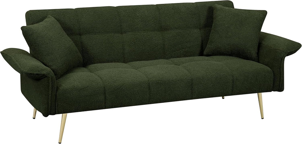 70 inch Upholstered Teddy Fleece Sofabed with Adjustable Arms and Backrest,Modern Convertible Futon Couch W/Metal Legs & Pillows,Love Sofa for Living Room,Bedroom,Apartment,Green, 70'