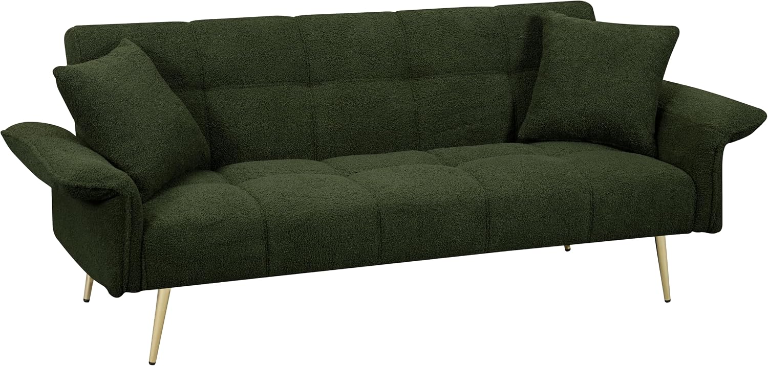 70 inch Upholstered Teddy Fleece Sofabed with Adjustable Arms and Backrest,Modern Convertible Futon Couch W/Metal Legs & Pillows,Love Sofa for Living Room,Bedroom,Apartment,Green, 70'