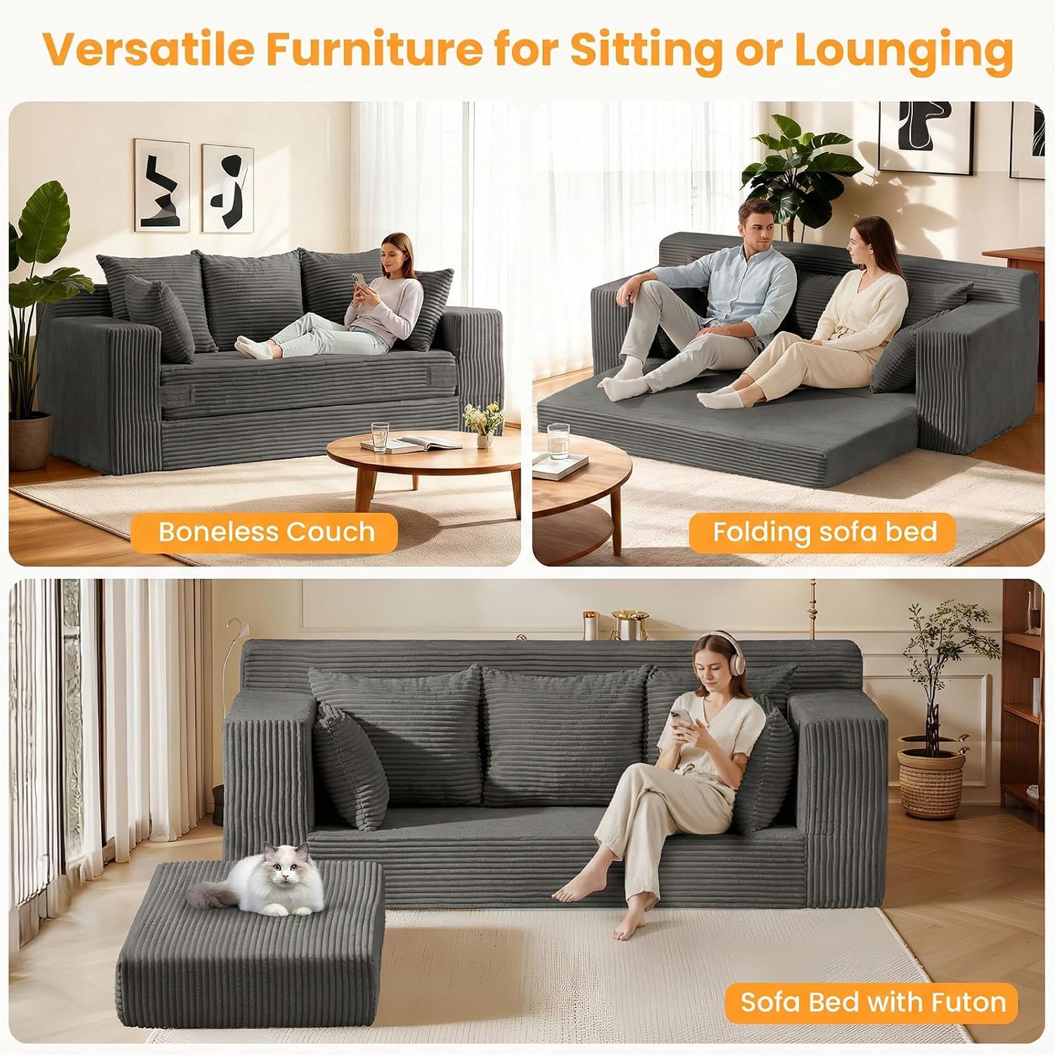 Oversized Boneless Loveseat, 3 Seater Pull Out Convertible Sofa Bed, 70' Gray Boneless Couch Fold Out Floor Couch Sleeper Sofa with 5 Pillows for Living Room Bedroom Lounge Small Space