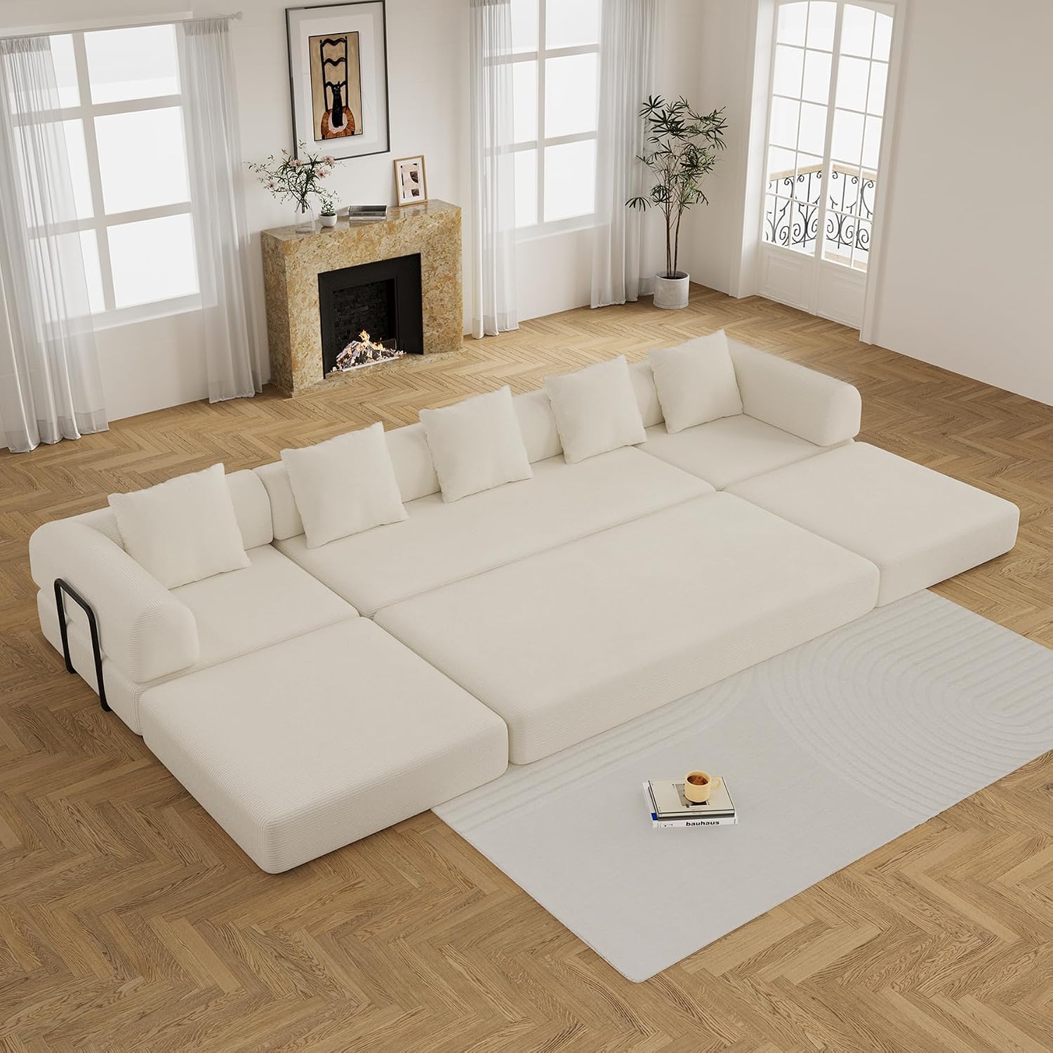 DAMAIFROM Convertible Sleeper Sofa Bed with Cylindrical Pillow,Corduroy Folding Mattress Couch with Fixed-Shape Frame,Modular Floor Sofa Lounge Couch for Living Room Bedroom Lounge,158.6',Beige White