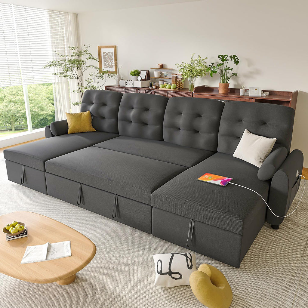 Ucloveria Sleeper Sofa Bed, 112' U Shaped Sectional Sofa Couches for Living Room, Pull Out Couch Bed with Dual Reversible Storage Chaise | Charging Station | Side Pockets | Removable Backrest