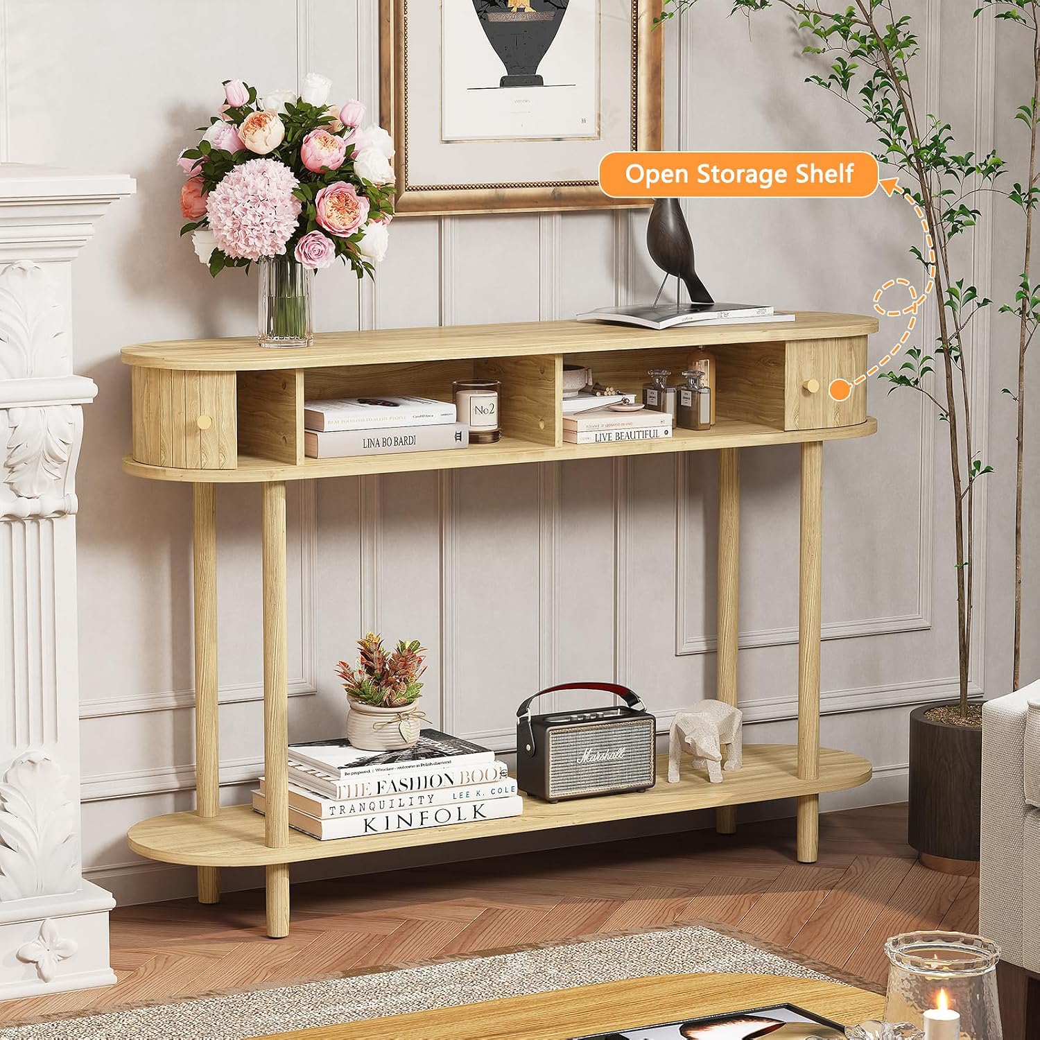 ARTPOWER 47.2' Modern Entryway Table with Wood Tambour Door, Accent Behind Couch Sofa Console Table with Storage, Fluted Side Table for Hallway, Living Room, Foyer, Natural Wood