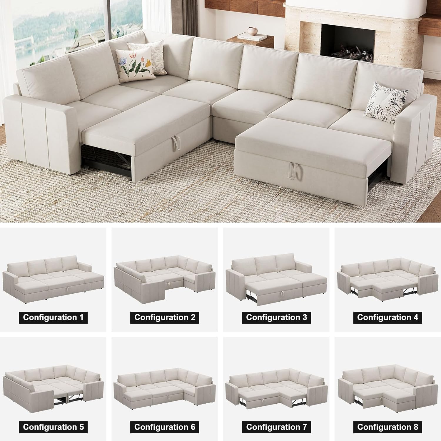 Belffin Modular Sectional Sleeper Sofa with Pull Out Couch, U Shaped Sleeper Pull Out Bed, Convertible Sectional Couches for Living Room, Beige