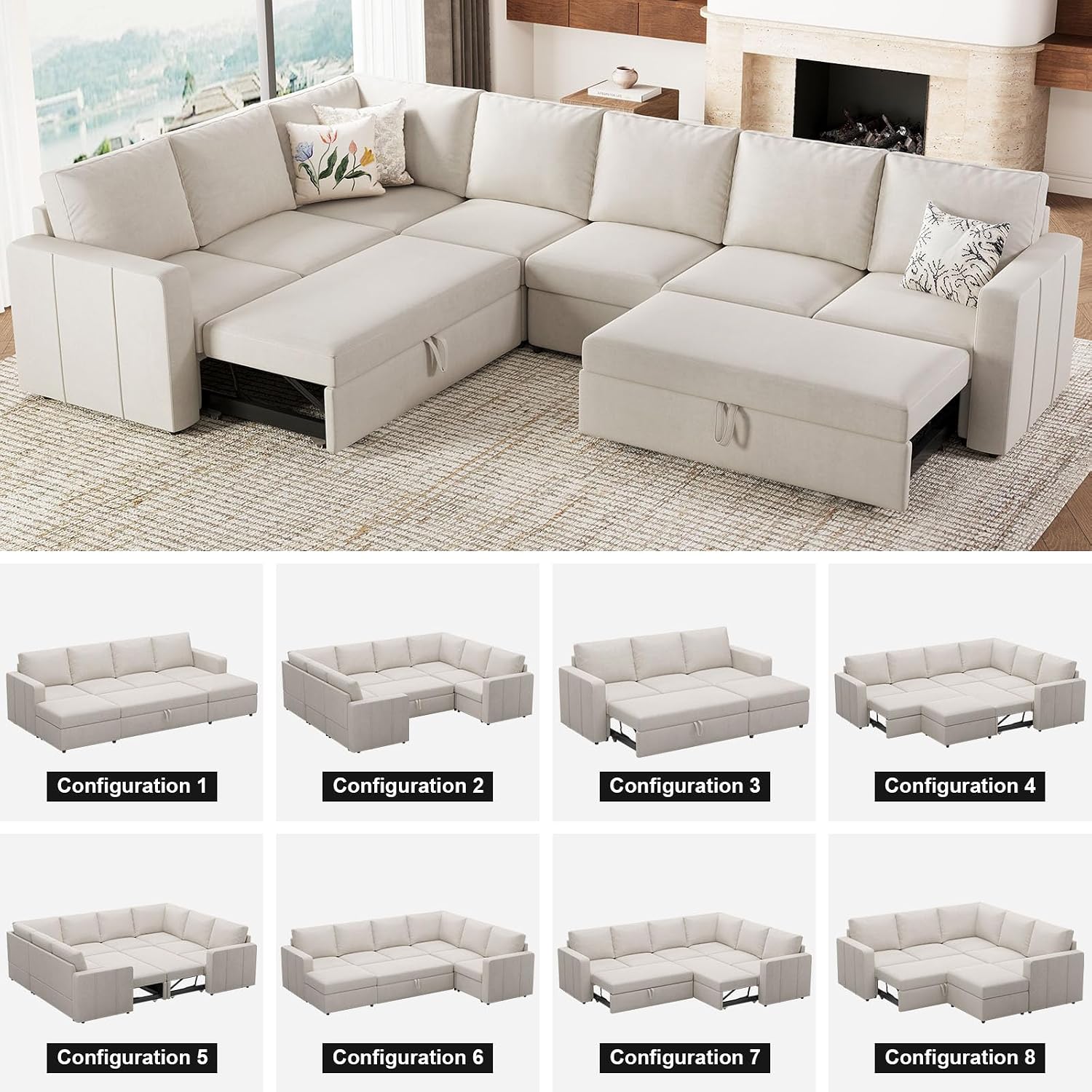 Belffin Modular Sectional Sleeper Sofa with Pull Out Couch, L Shaped Sleeper Pull Out Bed, Convertible Sectional Couches for Living Room, Beige