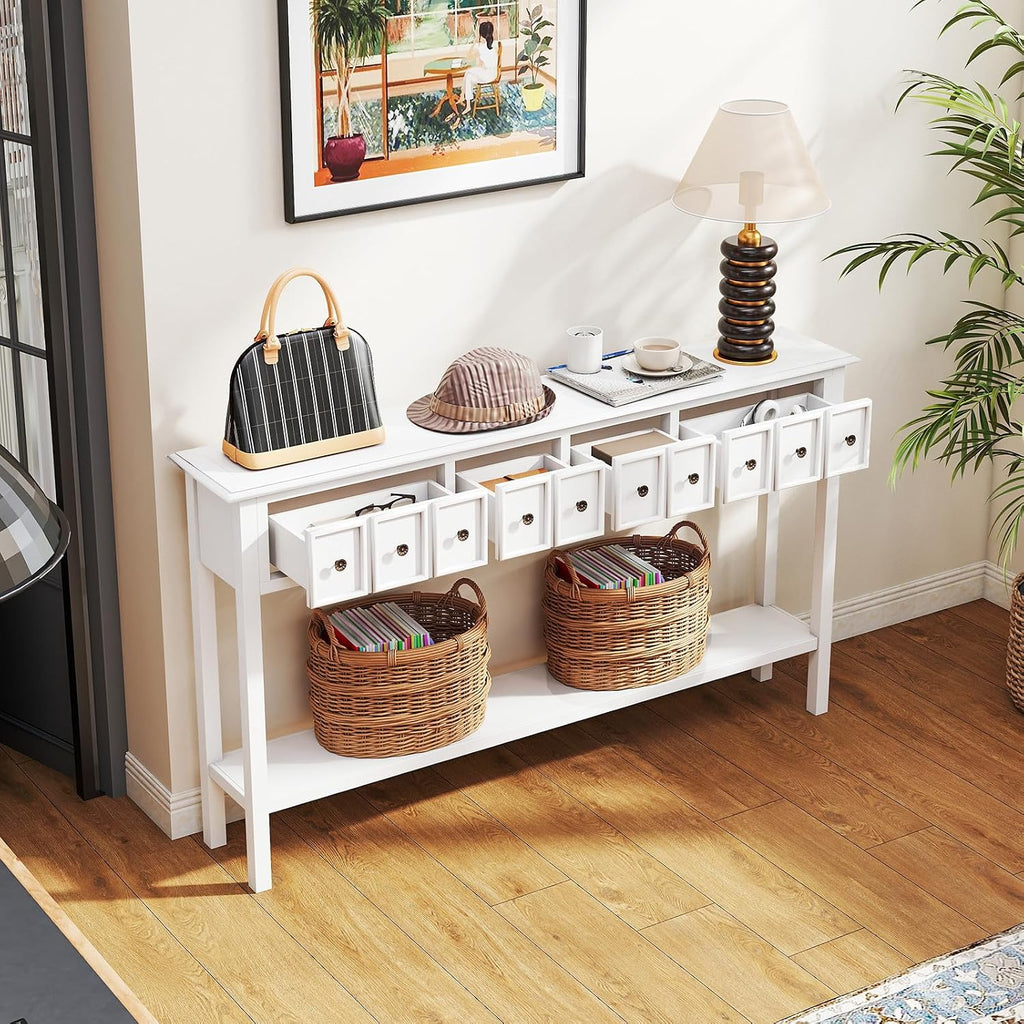 Giantex 60' Entryway Table, Long Narrow Console Table with 4 Drawers and Open Storage Shelf, Modern Slim Entry Tables, Farmhouse Wooden Sofa Tables with Anti-Tip Kit for Living Room, Hallway (White)