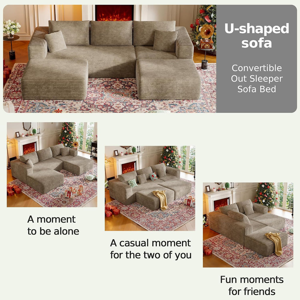 CHORRO107''Sectional Cloud Couch for Livingroom,Modular Corduroy Boneless Couch, U-Shaped Sofa with Chaise and Pillows,4-Deep Seat Sectional Sofa with 2 Ottoman,No Assembly(Camel)