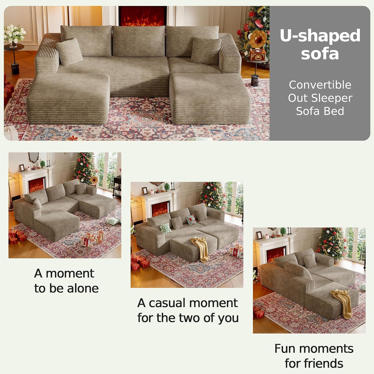 CHORRO107''Sectional Cloud Couch for Livingroom,Modular Corduroy Boneless Couch, U-Shaped Sofa with Chaise and Pillows,4-Deep Seat Sectional Sofa with 2 Ottoman,No Assembly(Camel)