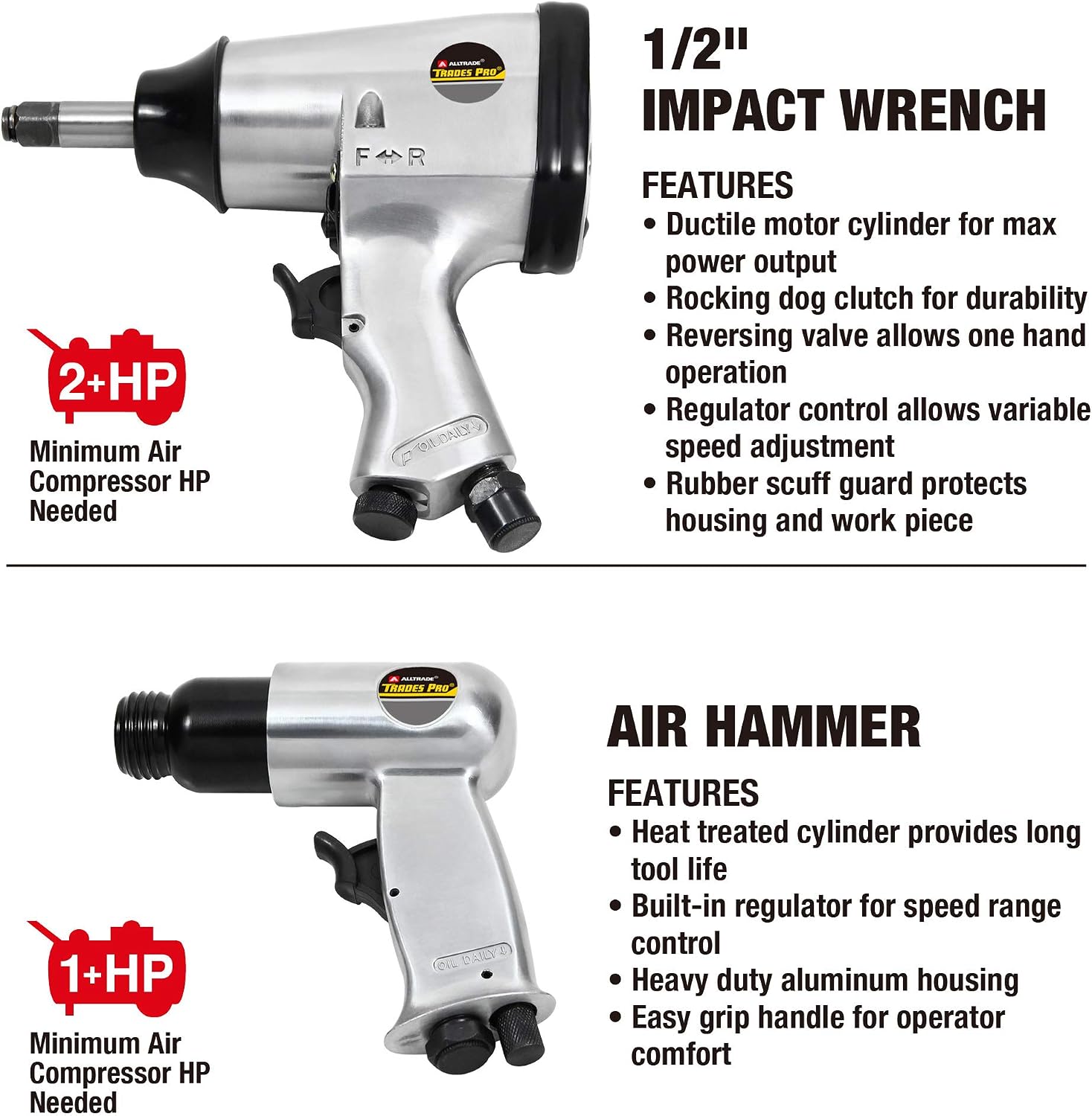 Trades Pro Air Tool and Accessories Kit, 71 Piece, Impact Wrench, Air Ratchet, Die Grinder, Aire Hammer, Hose Fittings, Storage Case - 836668