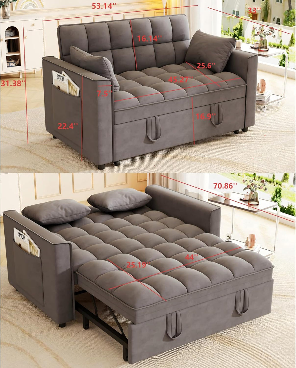 KEIKI 2-Seat Velvet Sofa Bed w/Adjustable Backrest & Side Pockets, Cloud Chair for Living Room, Multifunctional Pull Out Bed – Dark Gray