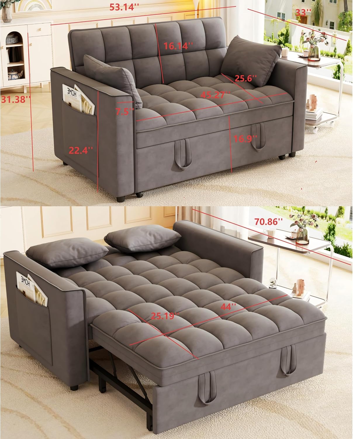 KEIKI 2-Seat Velvet Sofa Bed w/Adjustable Backrest & Side Pockets, Cloud Chair for Living Room, Multifunctional Pull Out Bed – Dark Gray