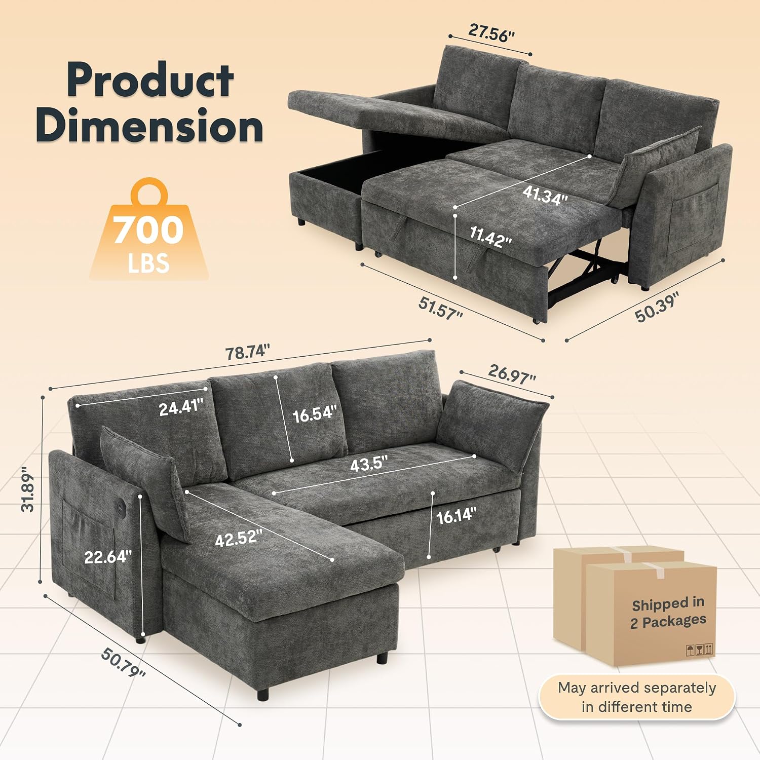 FLEXISPOT XB5 78' Pull Out Couch Bed with Storage Chaise,3-Seater Sectional Sofa Bed with USB Charging Ports, 2-in-1 Convertible Sofa Couch for Living Room Apartment, Easy to Assemble(Gray)