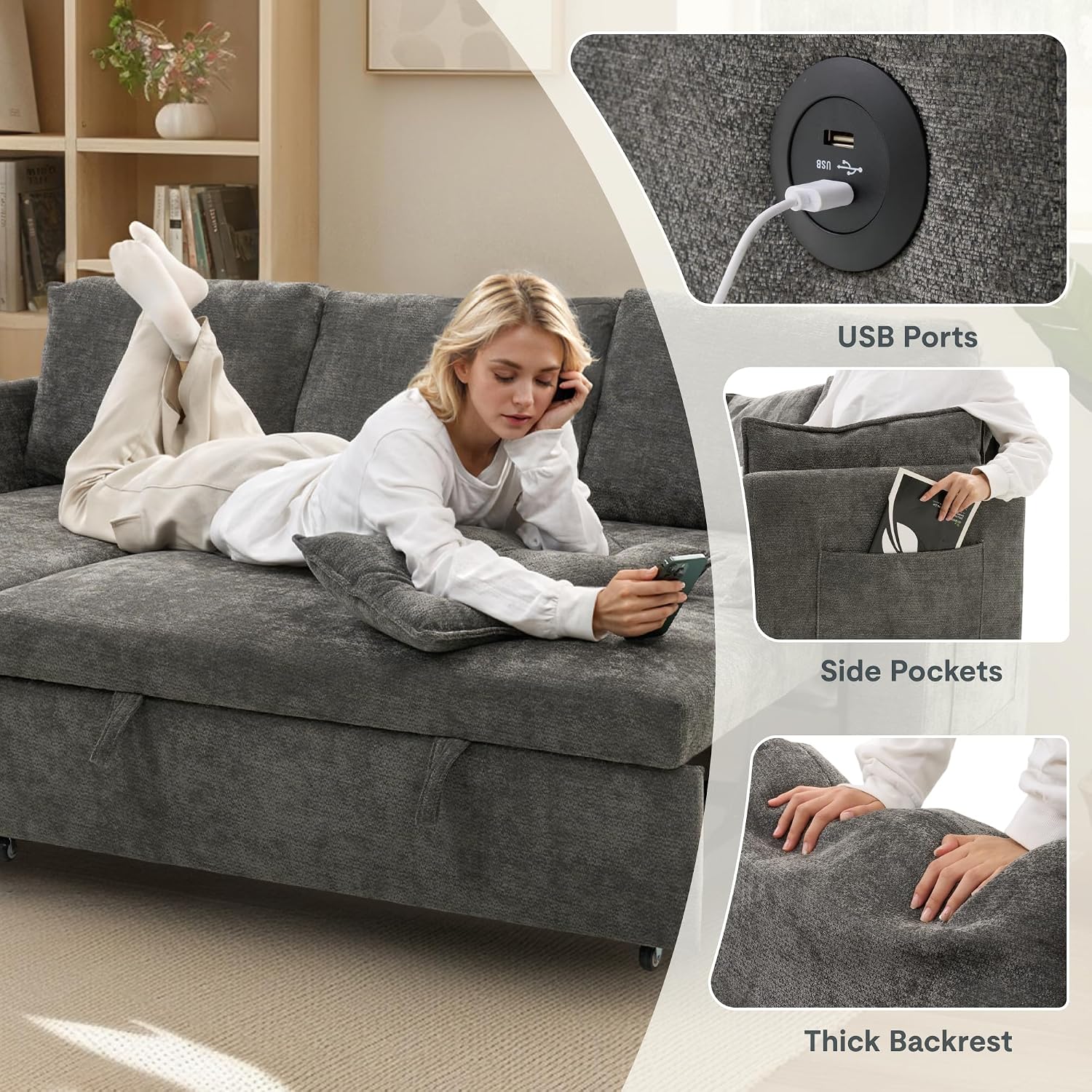 FLEXISPOT XB5 78' Pull Out Couch Bed with Storage Chaise,3-Seater Sectional Sofa Bed with USB Charging Ports, 2-in-1 Convertible Sofa Couch for Living Room Apartment, Easy to Assemble(Gray)