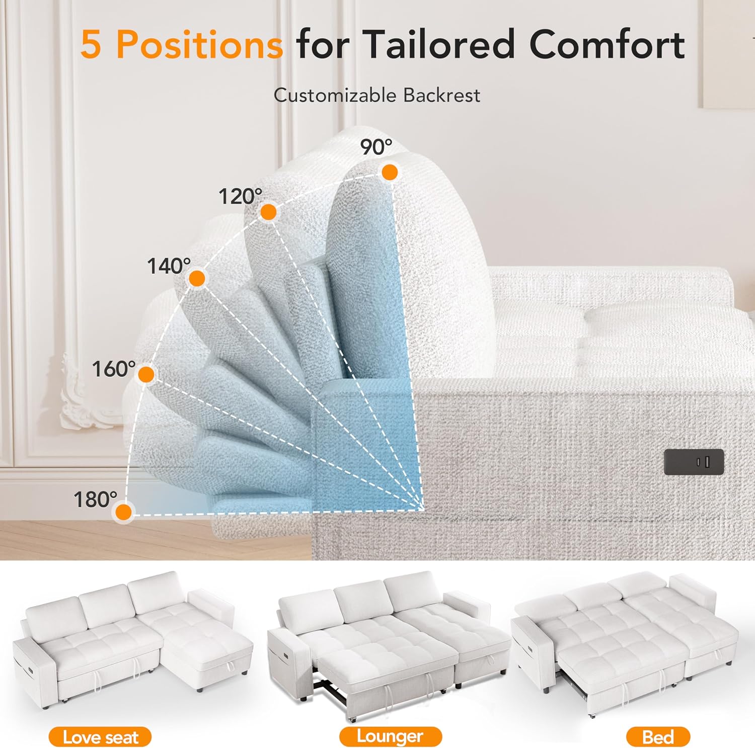 Sunny Heart Chenille Sleeper Sofa Bed, 81' L Shaped Couch Sleeper Sofa, Pull Out Couch Bed with Reclining Backrest | Reversible Storage Chaise | USB Port | Side Pocket | Tool-Free Assembly | Beige