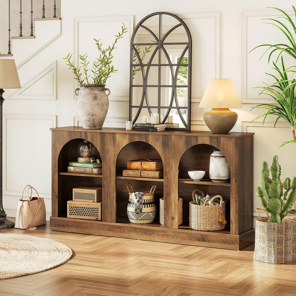 LITTLE TREE 63' Modern Console Sofa Table with 3-Tier Storage, Wooden Rectangular Foyer Table, for Entrance, Hallway, Living Room, Rustic Brown