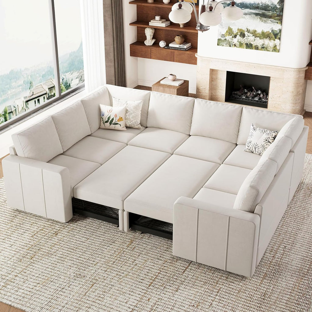 Belffin Modular Sectional Sleeper Sofa Bed with Pull Out Couch, Oversized U Shaped Modular Sleeper Couch with Double Pull Out Bed, Convertible Sectional Couches for Living Room, Beige