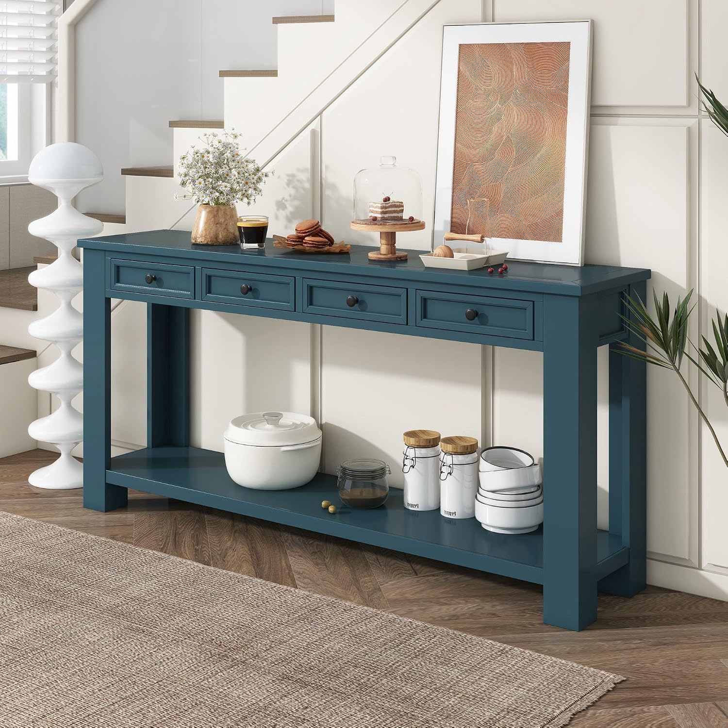 GDFStudio Farmhouse Console Table with 4 Drawer 63' Long Rustic Entryway Table with Open Storage Shelves Vintage Metal Handle Narrow Foyer Sofa Tables for Living Room Entryway Hallway, Dark Blue